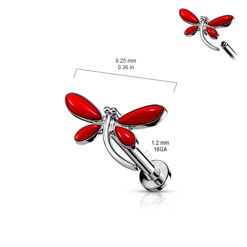 Internally Threaded Red Dragonfly Top Flat Back Stud - 316L Stainless Steel