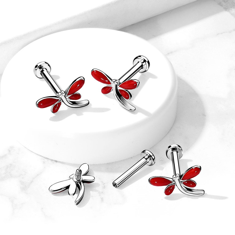 Internally Threaded Red Dragonfly Top Flat Back Stud - 316L Stainless Steel