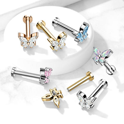 Internally Threaded CZ Crystal Butterfly Top Flat Back Stud - Stainless Steel
