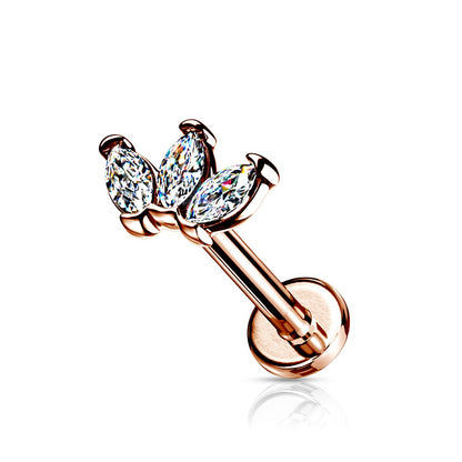 Internally Threaded Triple Marquise CZ Crystal Top Flat Back Lip Cartilage Tragus Stud - 316L Stainless Steel