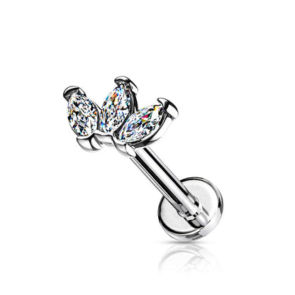 Internally Threaded Triple Marquise CZ Crystal Top Flat Back Lip Cartilage Tragus Stud - 316L Stainless Steel