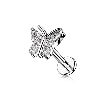 CZ Crystal Butterfly Internally Threaded Flat Back Stud - 316L Stainless Steel