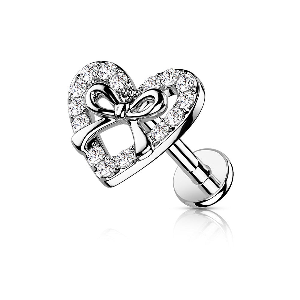 CZ Crystal Paved Heart with Ribbon Center Internally Threaded Flat Back Stud - 316L Stainless Steel