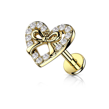 CZ Crystal Paved Heart with Ribbon Center Internally Threaded Flat Back Stud - 316L Stainless Steel