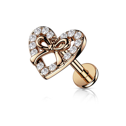 CZ Crystal Paved Heart with Ribbon Center Internally Threaded Flat Back Stud - 316L Stainless Steel