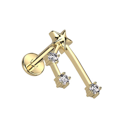 Gold Plated Internally Threaded CZ Crystal Zodiac Constellation Flat Back Stud - 316L Stainless Steel