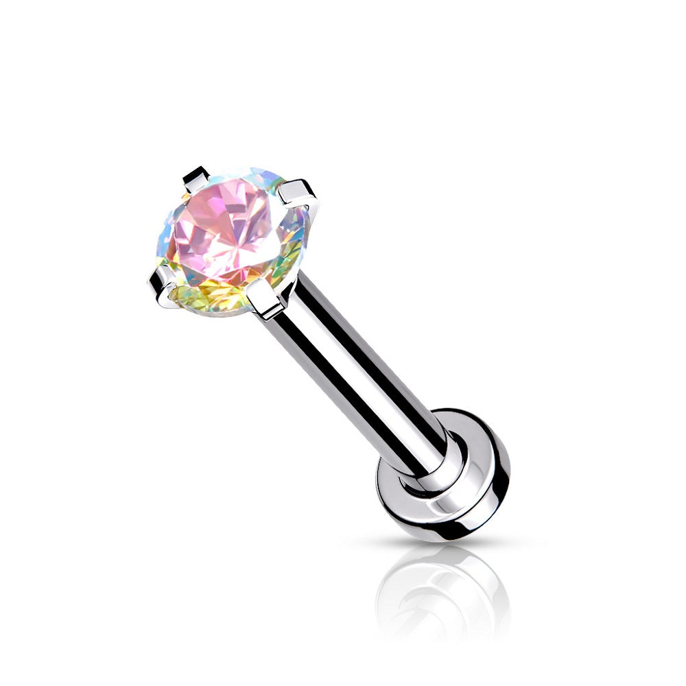 Internally Threaded Prong Set CZ Crystal Micro Base Flat Back Labret Stud - Stainless Steel