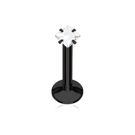 Internally Threaded Square Prong Set CZ Crystal Lip Cartilage Tragus Stud - 316L Surgical Steel