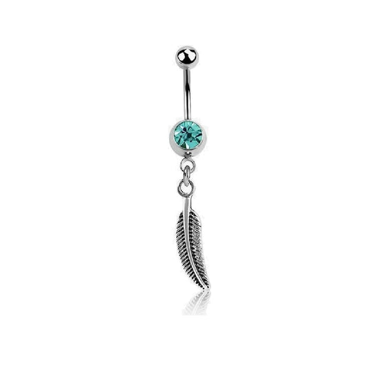 Crystal Feather Dangling Belly Button Ring
 - Stainless Steel