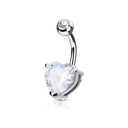 Double Gemmed Solitaire Prong-Set Heart Belly Button Ring - Stainless Steel