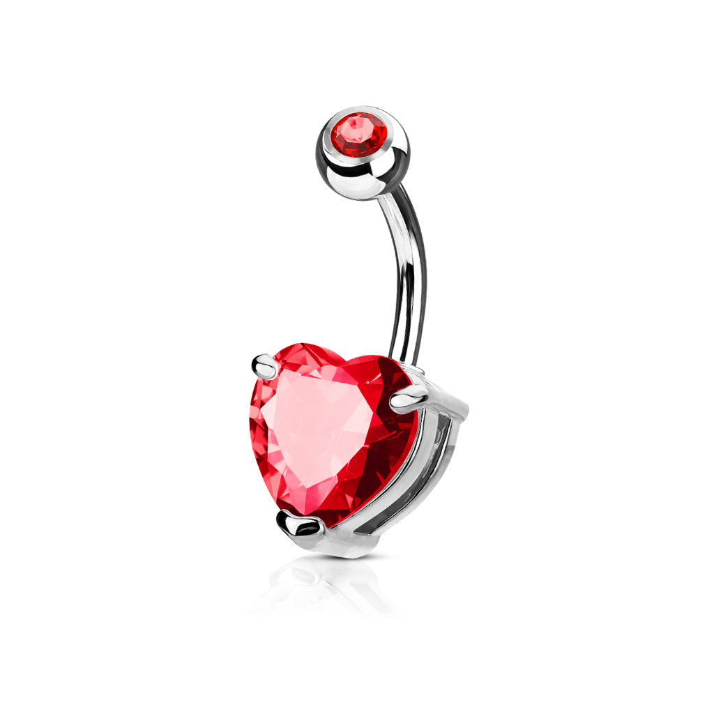 Double Gemmed Solitaire Prong-Set Heart Belly Button Ring - Stainless Steel
