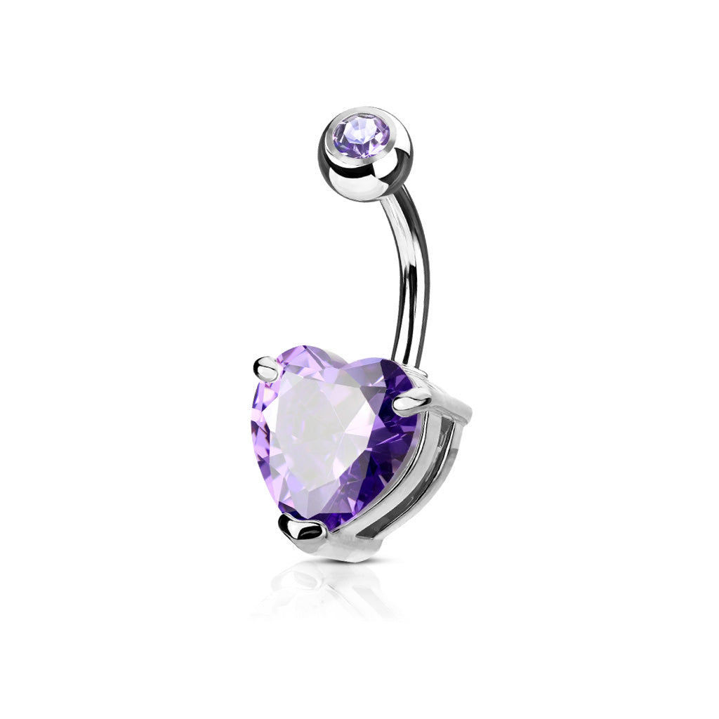 Double Gemmed Solitaire Prong-Set Heart Belly Button Ring - Stainless Steel