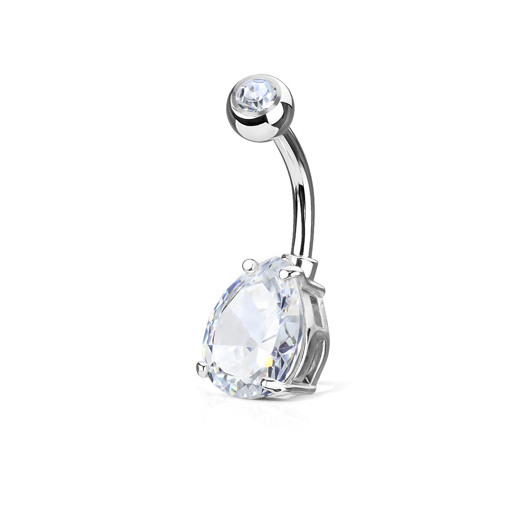 Double Gemmed Teardrop CZ Crystal Belly Button Ring - 316L Stainless Steel