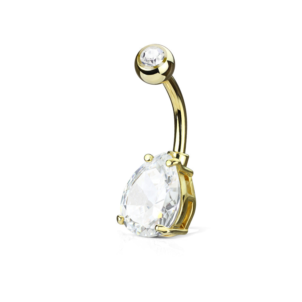 Double Gemmed Teardrop CZ Crystal Belly Button Ring - 316L Stainless Steel