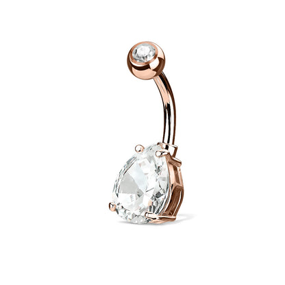 Double Gemmed Teardrop CZ Crystal Belly Button Ring - 316L Stainless Steel