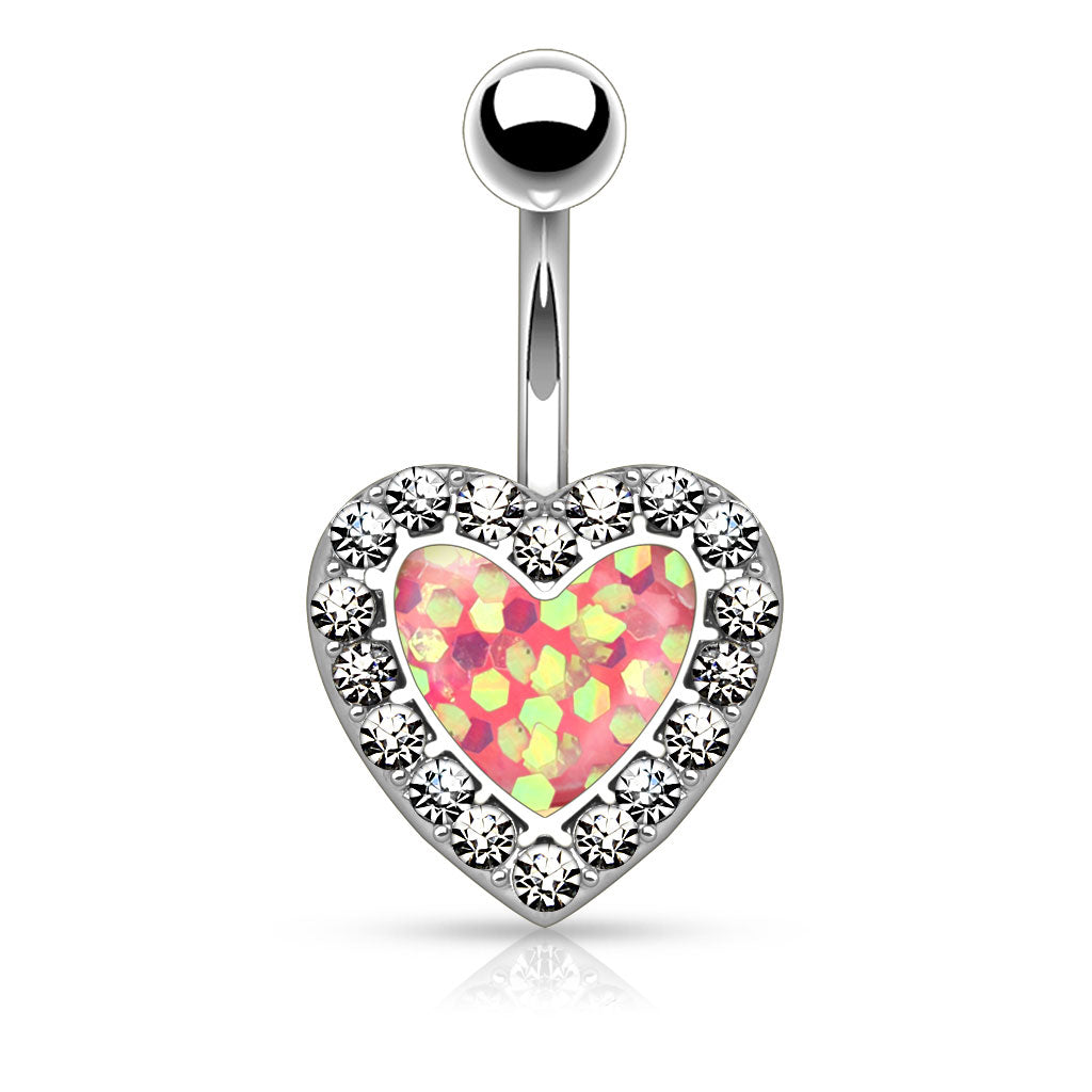Imitation Opal Glitter Centered Crystal Paved Heart Belly Button Ring - 316L Stainless Steel