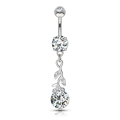 CZ Crystal Gemmed Vine and Leaves Dangling Belly Button Ring - 316L Stainless Steel