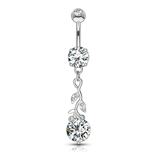 CZ Crystal Gemmed Vine and Leaves Dangling Belly Button Ring - 316L Stainless Steel