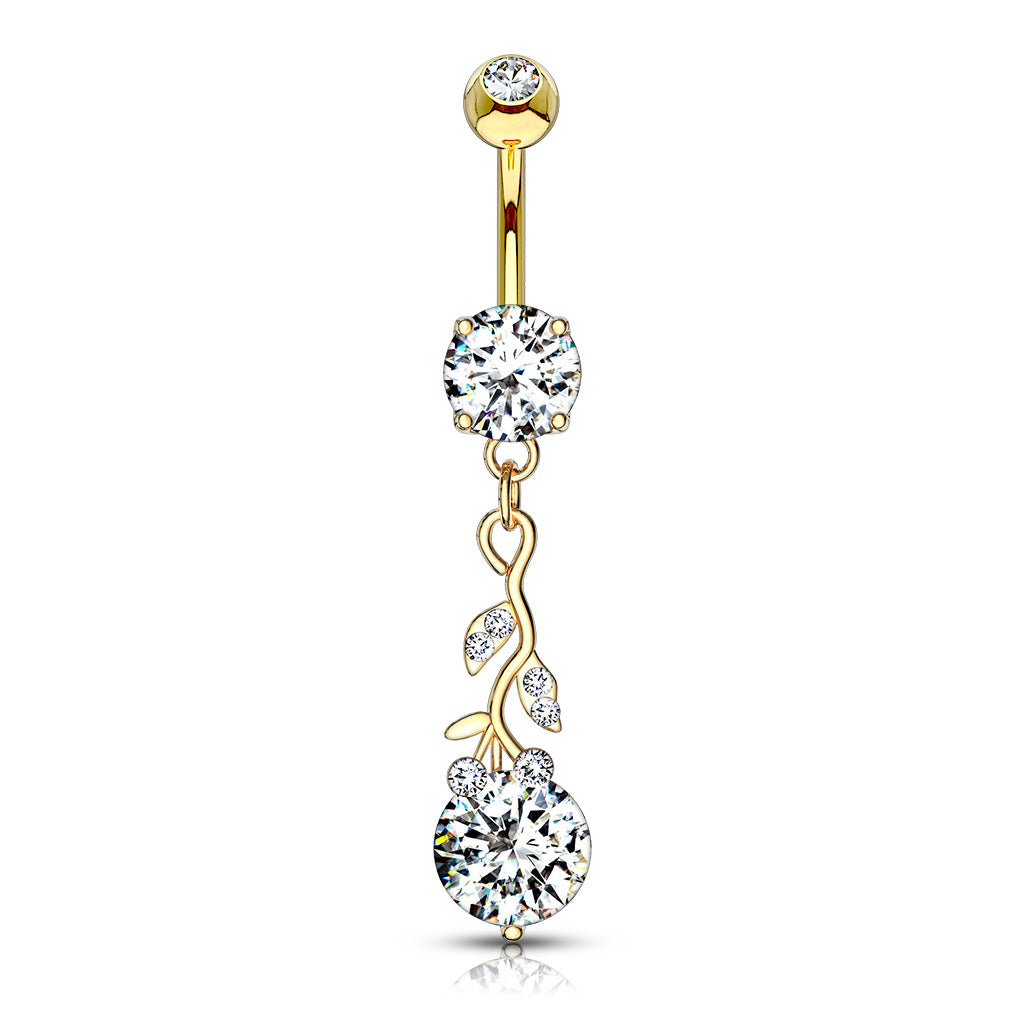 CZ Crystal Gemmed Vine and Leaves Dangling Belly Button Ring - 316L Stainless Steel