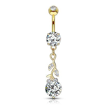 CZ Crystal Gemmed Vine and Leaves Dangling Belly Button Ring - 316L Stainless Steel