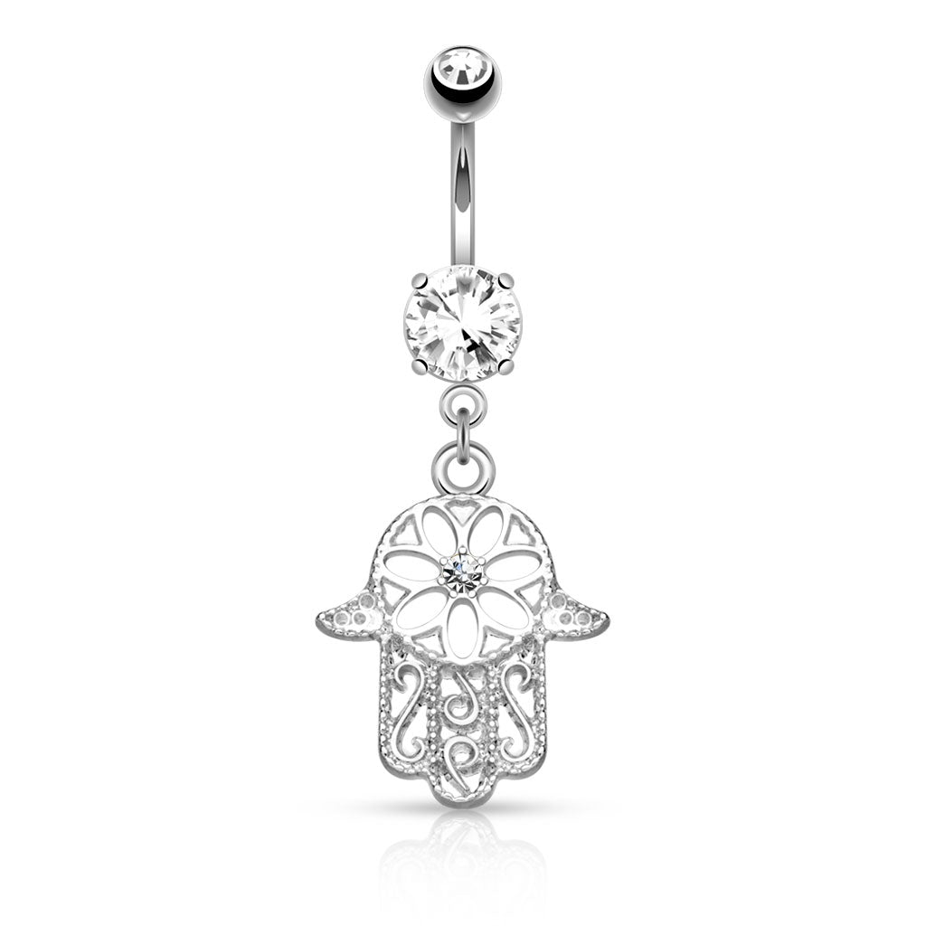 Beaded Outline Hamsa Hand with CZ Crystal Center Dangling Belly Button Ring - Stainless Steel