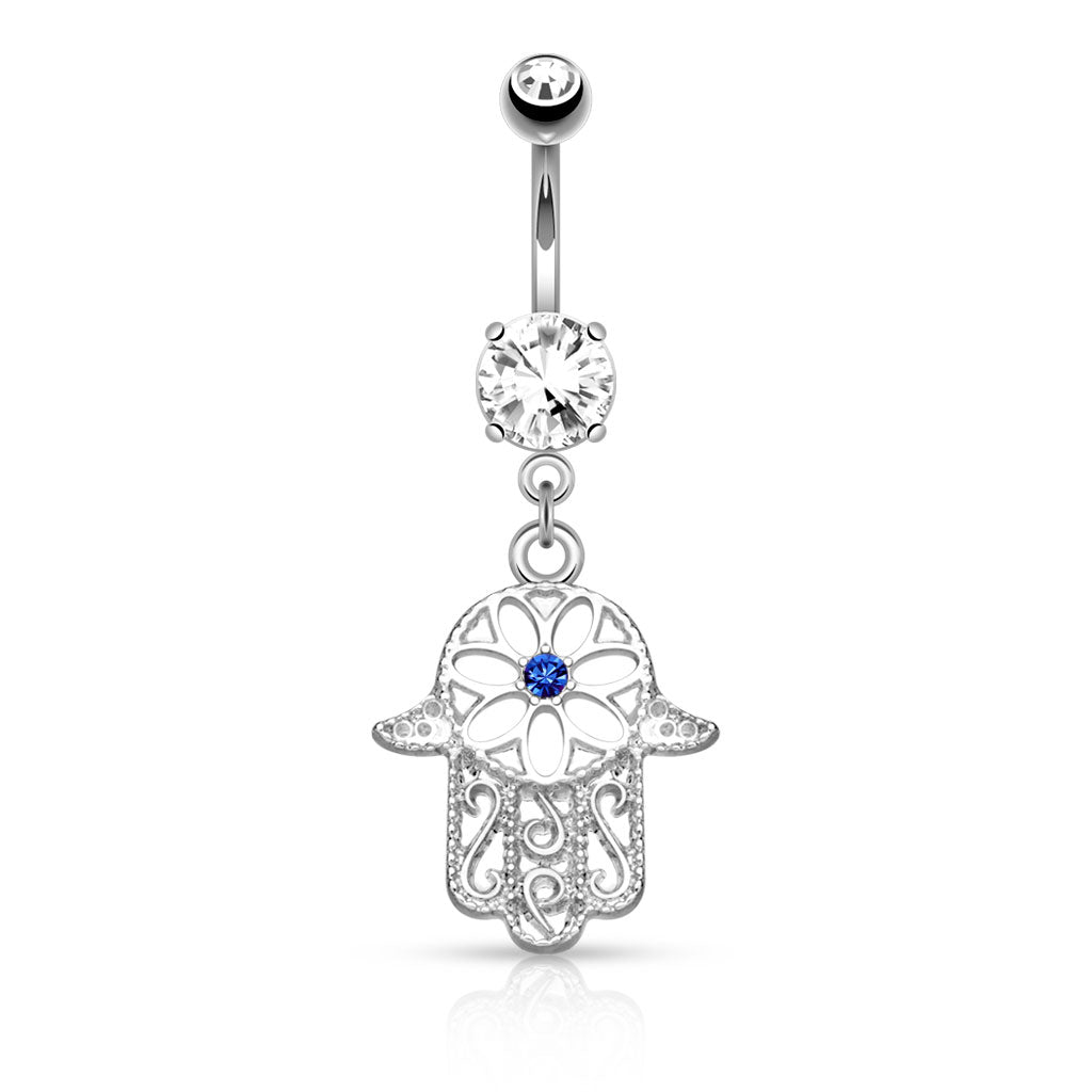 Beaded Outline Hamsa Hand with CZ Crystal Center Dangling Belly Button Ring - Stainless Steel