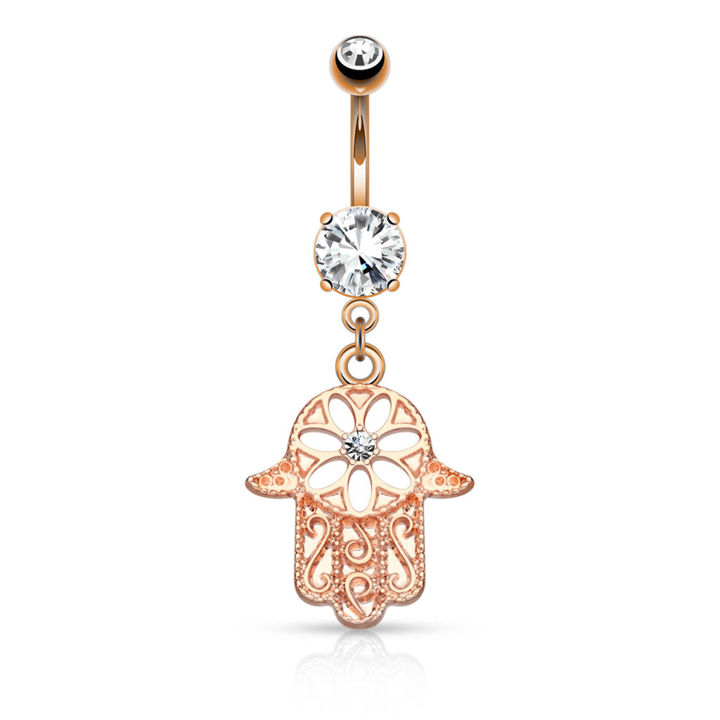 Beaded Outline Hamsa Hand with CZ Crystal Center Dangling Belly Button Ring - Stainless Steel