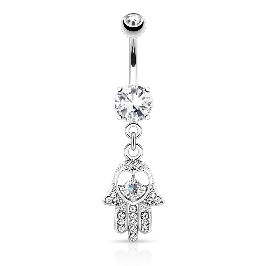 CZ Crystal Hamsa Hand Dangling Belly Button Ring - 316L Stainless Steel