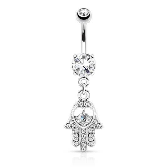 CZ Crystal Hamsa Hand Dangling Belly Button Ring - 316L Stainless Steel