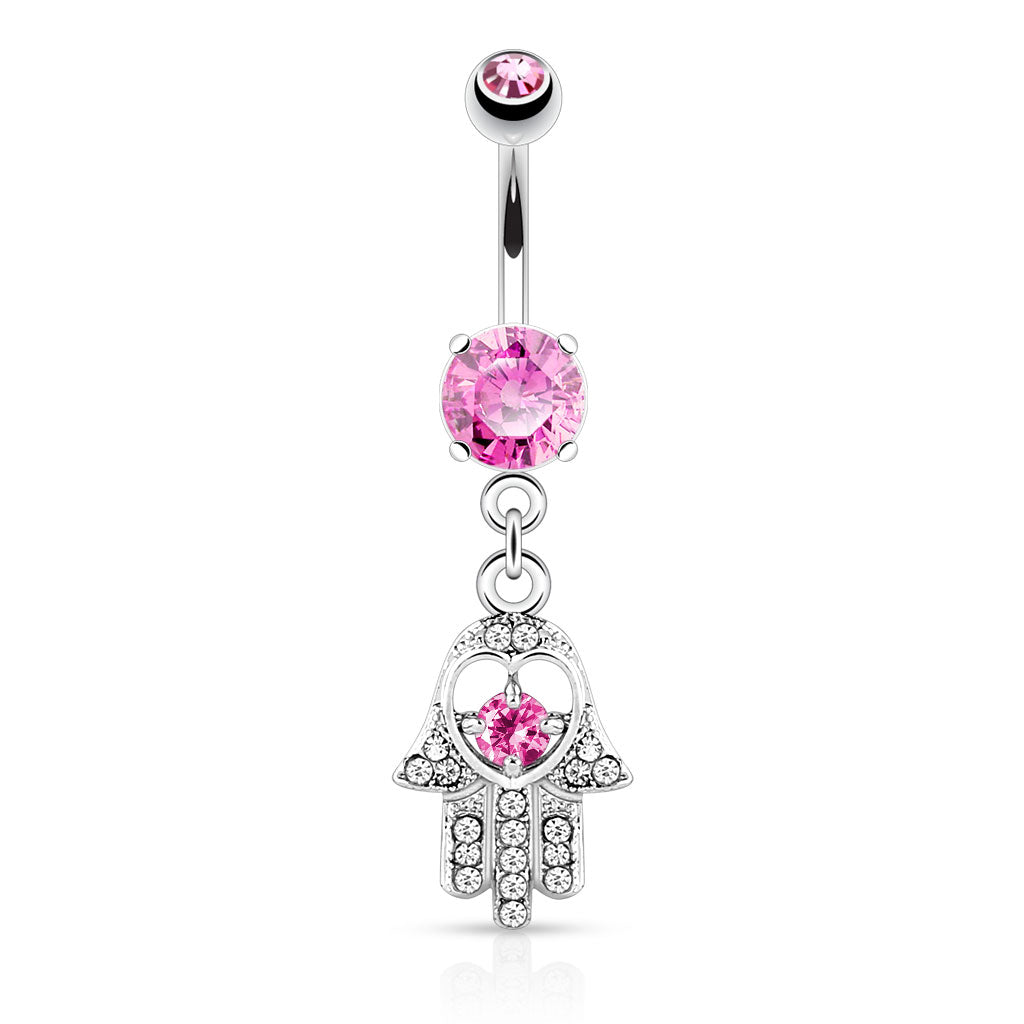 CZ Crystal Hamsa Hand Dangling Belly Button Ring - 316L Stainless Steel