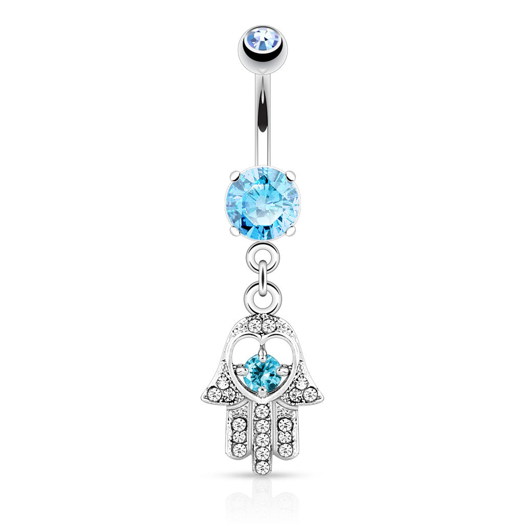 CZ Crystal Hamsa Hand Dangling Belly Button Ring - 316L Stainless Steel