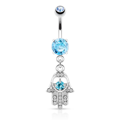 CZ Crystal Hamsa Hand Dangling Belly Button Ring - 316L Stainless Steel