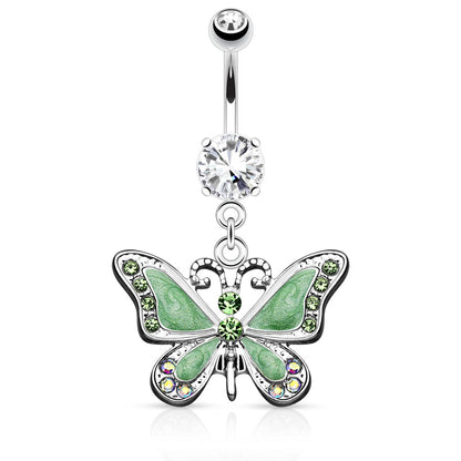 CZ Crystal Butterfly Dangling Belly Button Ring - Stainless Steel