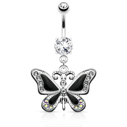 CZ Crystal Butterfly Dangling Belly Button Ring - Stainless Steel