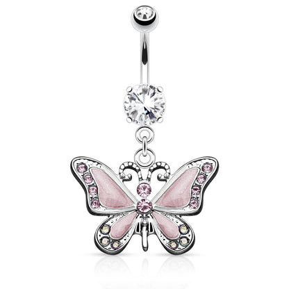 CZ Crystal Butterfly Dangling Belly Button Ring - Stainless Steel