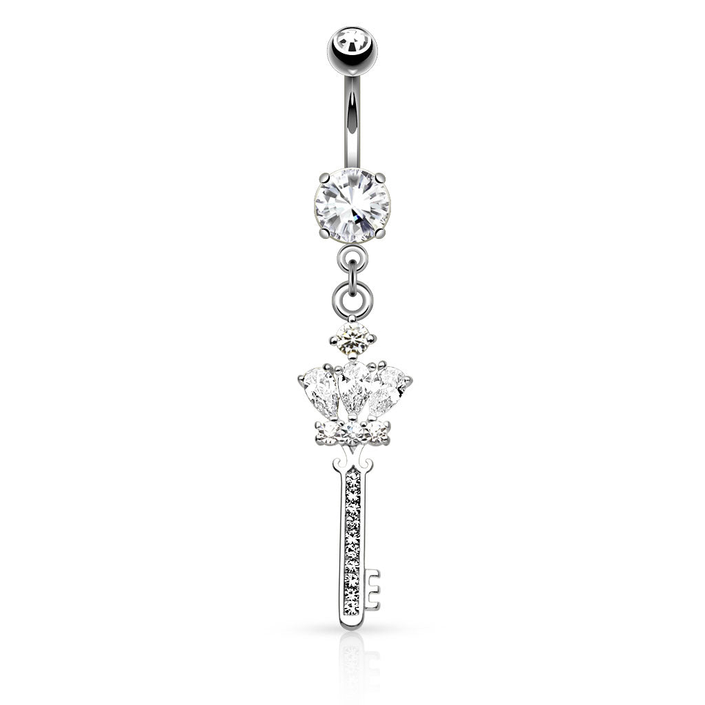 CZ Crystal Crown and Paved Key Dangling Belly Button Ring - 316L Stainless Steel