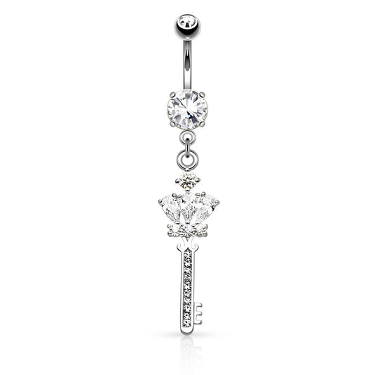 CZ Crystal Crown and Paved Key Dangling Belly Button Ring - 316L Stainless Steel