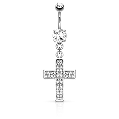 Crystal Paved Cross Dangling Belly Button Ring - Stainless Steel