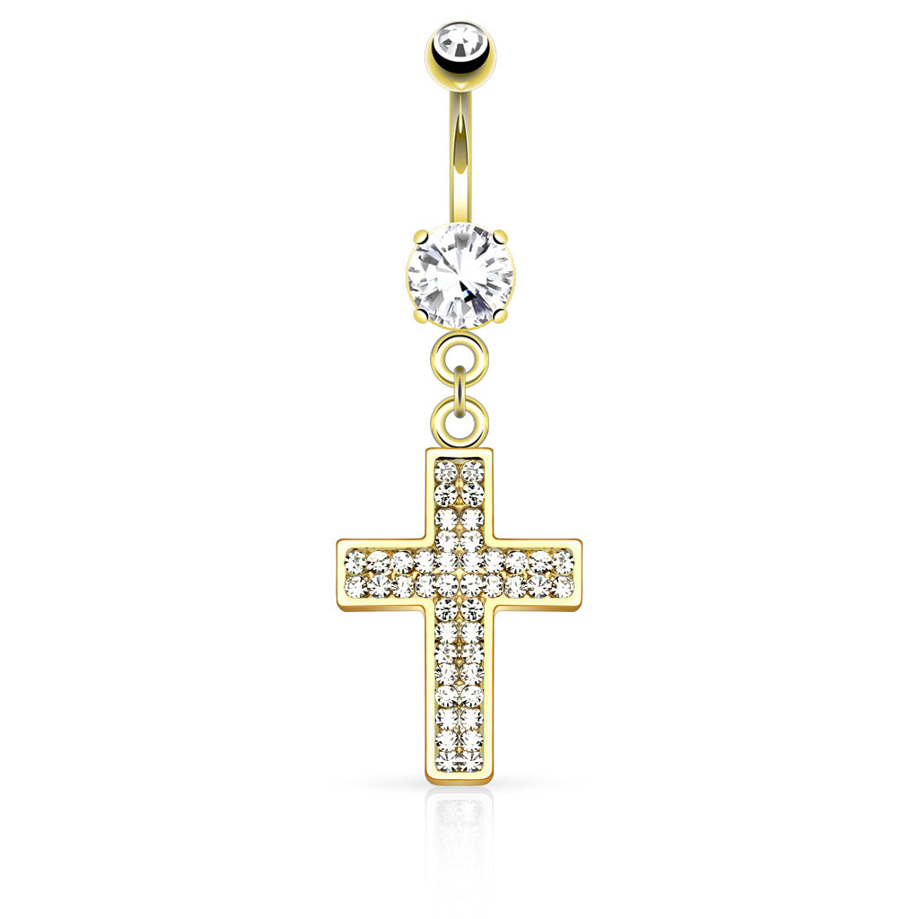 Crystal Paved Cross Dangling Belly Button Ring - Stainless Steel