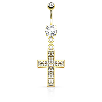 Crystal Paved Cross Dangling Belly Button Ring - Stainless Steel