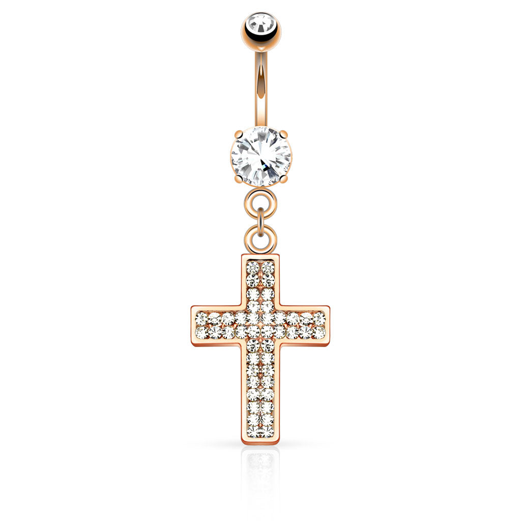 Crystal Paved Cross Dangling Belly Button Ring - Stainless Steel