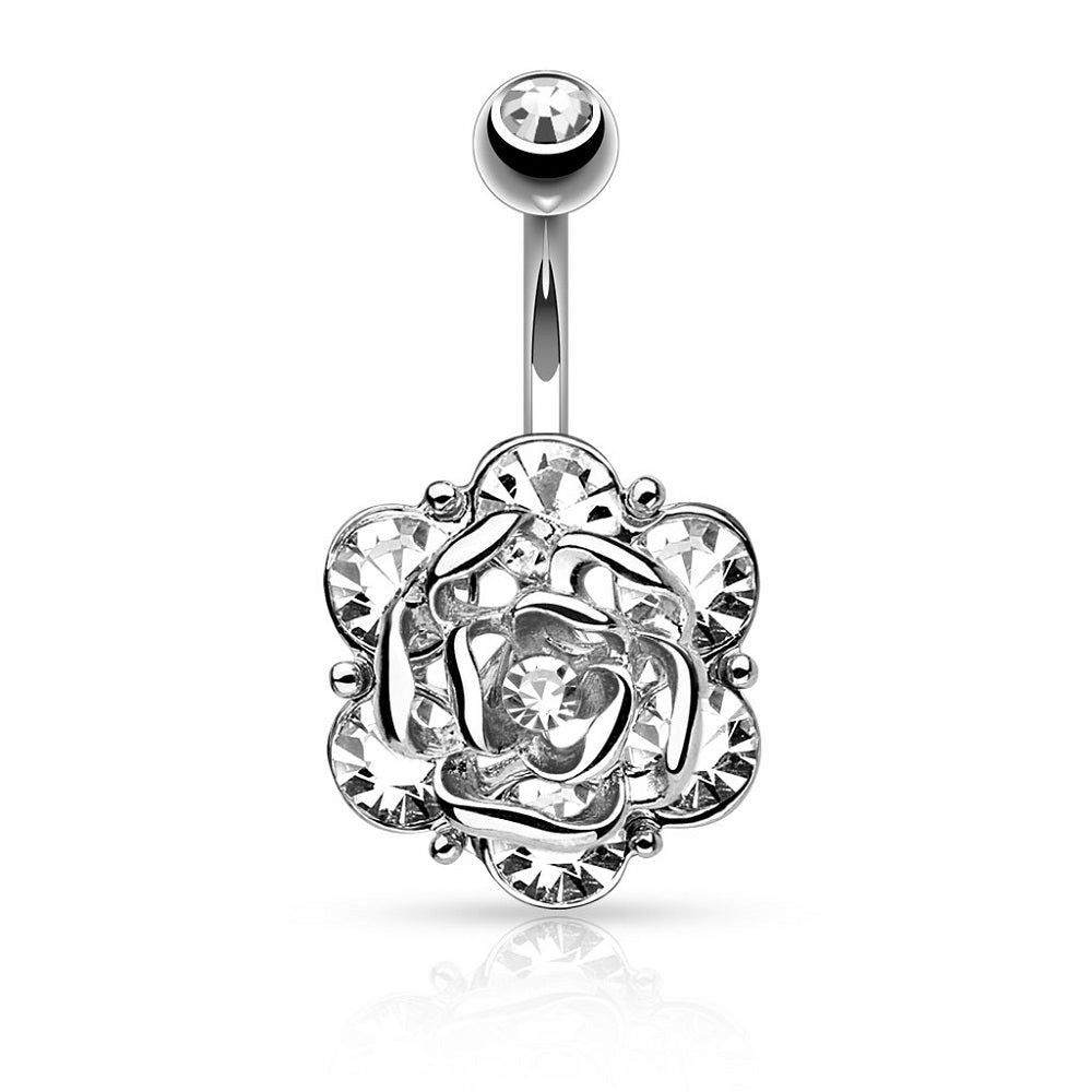 CZ Crystal Gemmed Flower Belly Button Ring - Stainless Steel