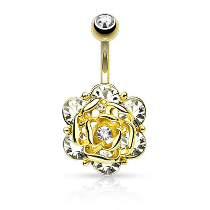 CZ Crystal Gemmed Flower Belly Button Ring - Stainless Steel