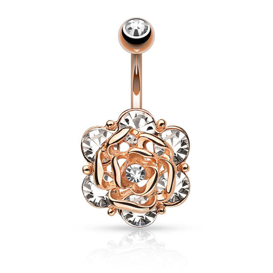 CZ Crystal Gemmed Flower Belly Button Ring - Stainless Steel