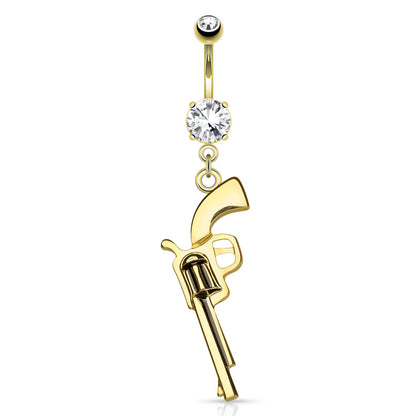 Prong Set CZ Crystal Gun Dangling Belly Button Ring - 316L Stainless Steel