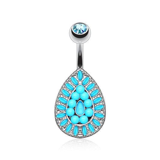 Turquoise Beaded Vintage Style Shield Gem Belly Button Ring - 316L Stainless Steel