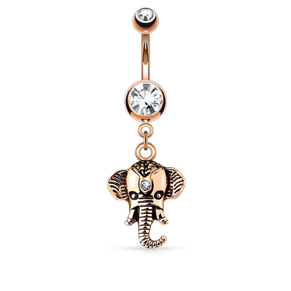 CZ Crystal Jeweled Tribal Elephant Dangle Belly Button Ring - 316L Stainless Steel