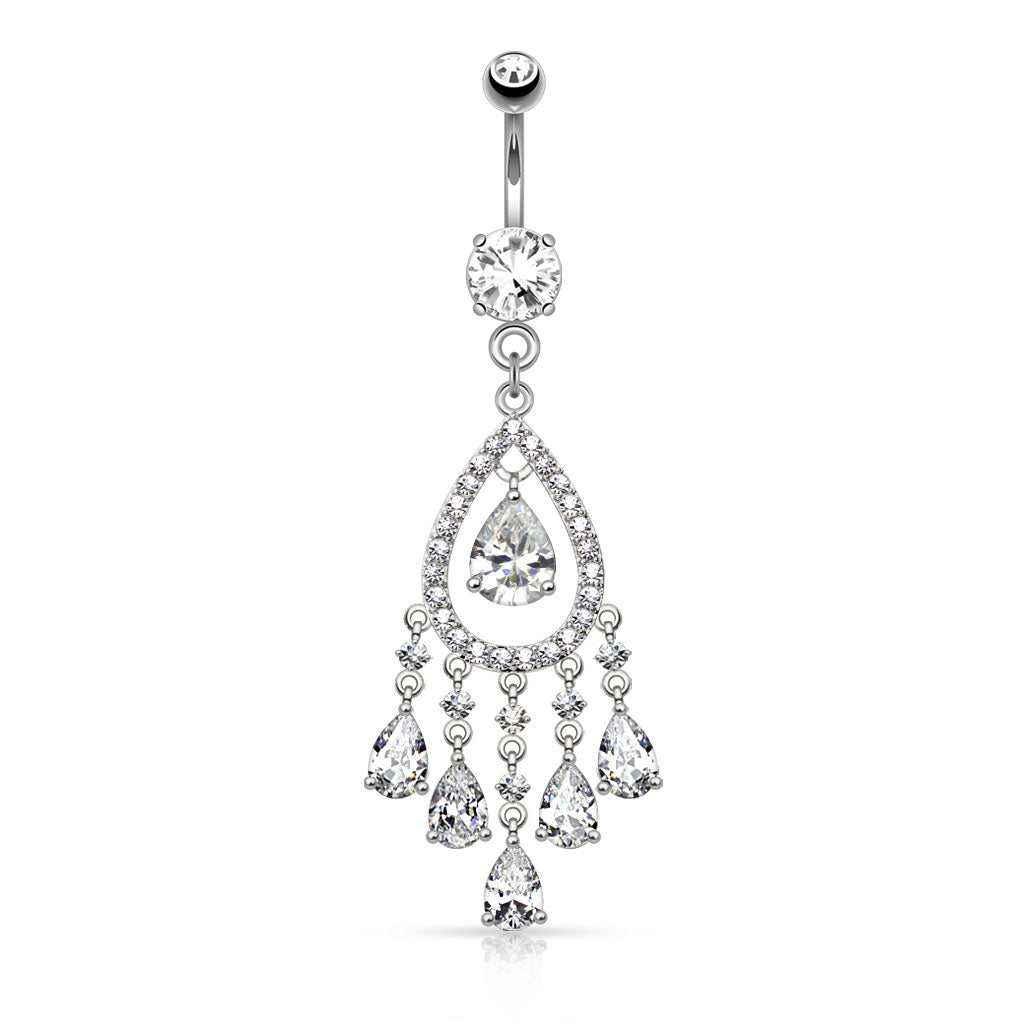 Tear Drop Chandelier CZ Crystal Deluxe Dangling Belly Button Ring - Stainless Steel