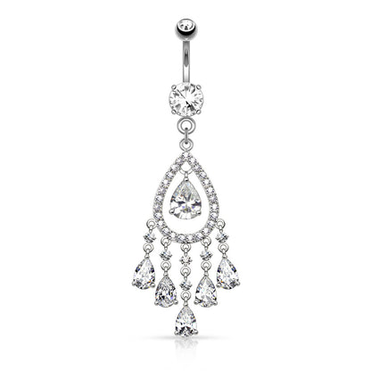 Tear Drop Chandelier CZ Crystal Deluxe Dangling Belly Button Ring - Stainless Steel