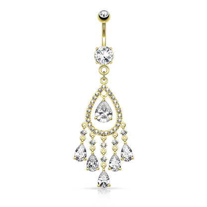 Tear Drop Chandelier CZ Crystal Deluxe Dangling Belly Button Ring - Stainless Steel